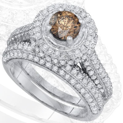 14k White Gold Brown Diamond Halo Bridal Wedding Ring Set 2 Cttw