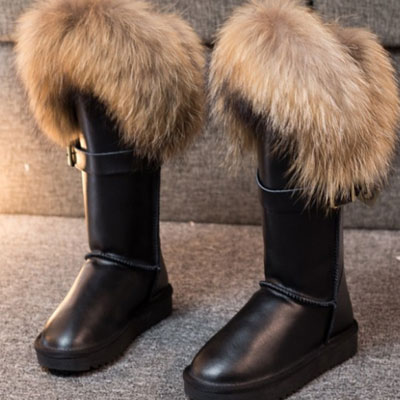 Glossy Women's Fur Boots Leather Wide Calf Winter Boots