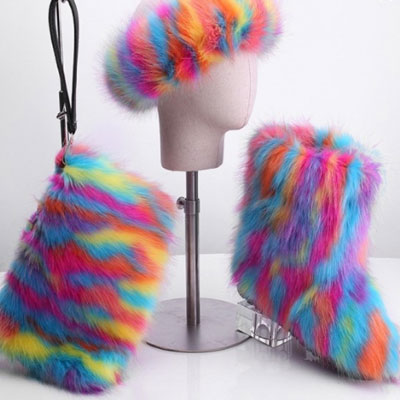 Women's Fluffy Faux Fur Boots Set Rainbow Color with Matching Fur Purse and Headband
