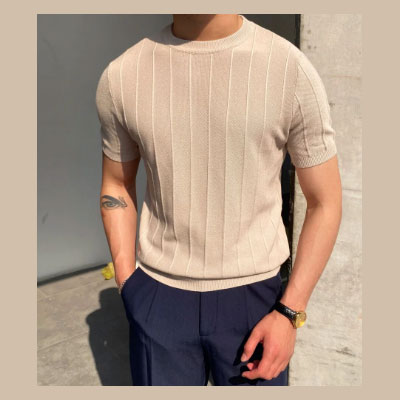 Mens Round Neck Knitted T-shirt