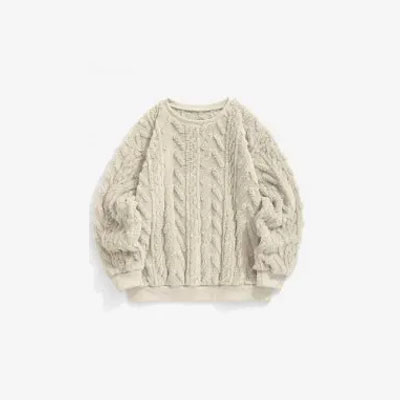 Women's Daily Casual Cable Jacquard Textured Fluffy Fuzzy Faux Fur Crew Neck Long Sleeve Loose Pullover Sweatshirt - Light Coffee L