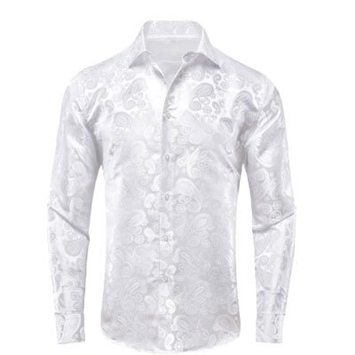 White Paisley Silk Men's Long Sleeve Shirt Casual