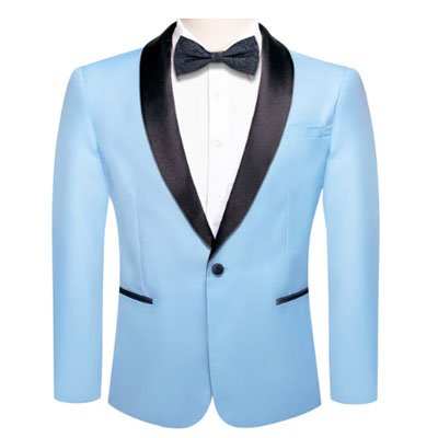 Black Shawl Collar Sky Blue Solid Blazer Bowtie Suit Set