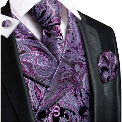 Purple Paisley Silk Men's Vest Hanky Cufflinks Tie Set Waistcoat Suit Set