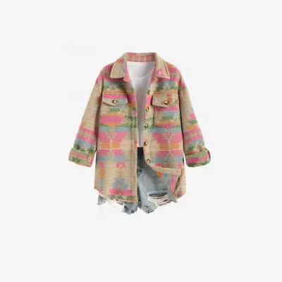 Women's Ethnic Western Style Aztec Tribal Geo Printed Cargo Pockets Single Breasted Wool Blend Jacket - Multi S