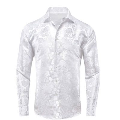 White Paisley Silk Men's Long Sleeve Shirt Casual