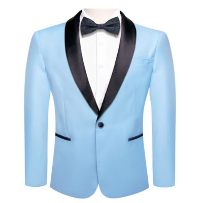 Black Shawl Collar Sky Blue Solid Blazer Bowtie Suit Set