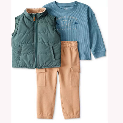 Toddler Boys Puffer Vest, Going North Graphic T-Shirt & Cargo Pants, 3 Piece Set